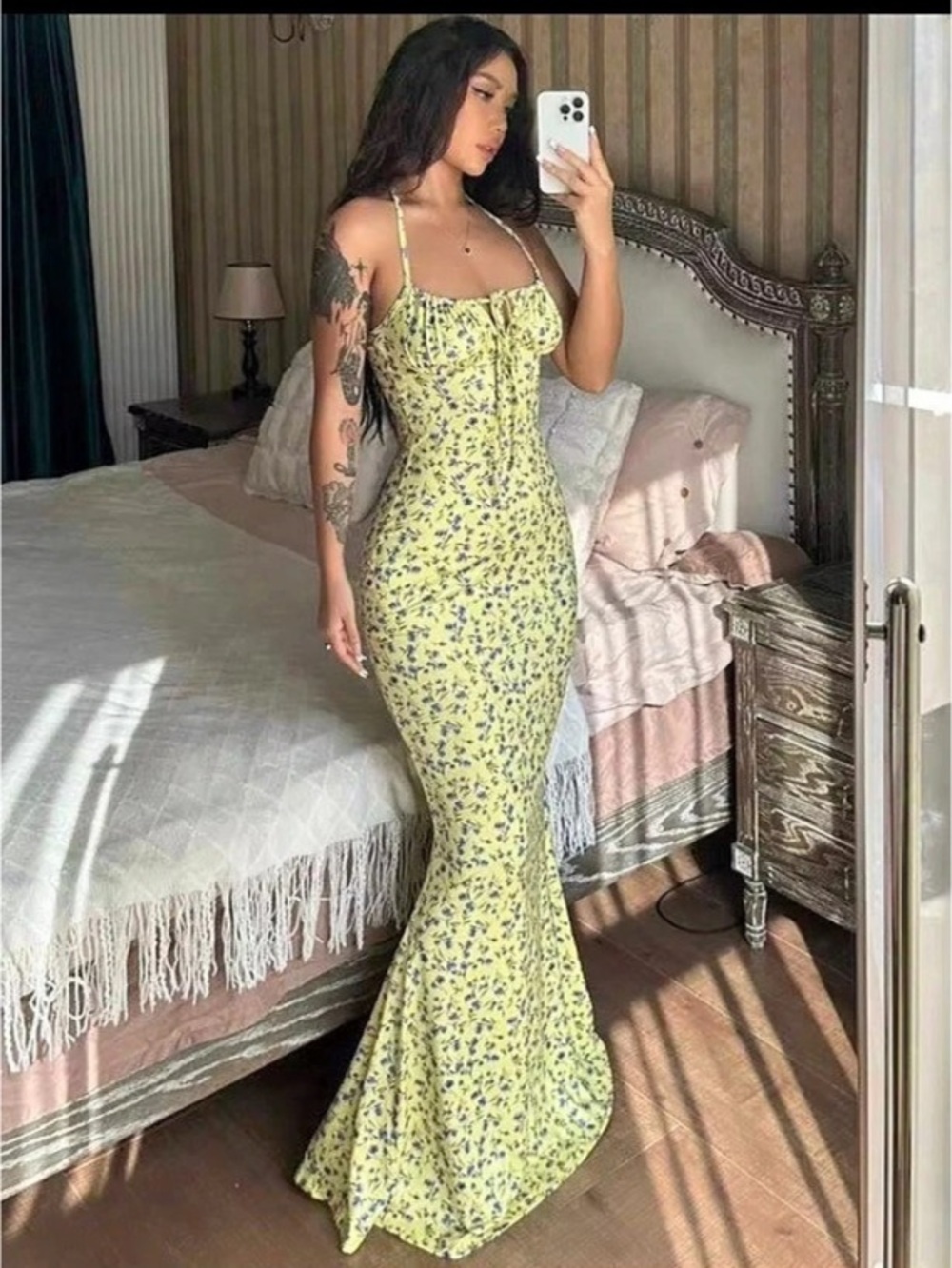 SHEIN Unity Women's Fashion Floral Print Halter Tie Fishtail Hem Maxi Dress